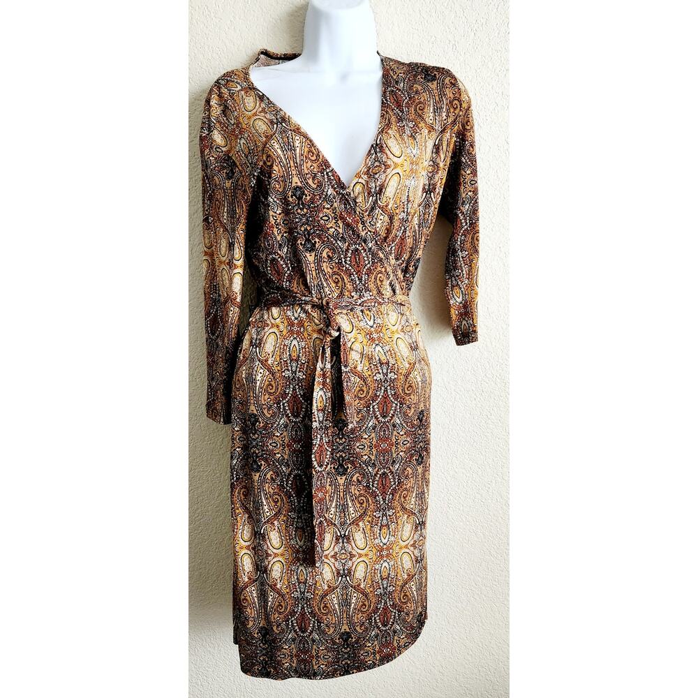 Emma & Michelle Brown Gold Black Floral Print Wrap Dress 8 Lightweight Stretch